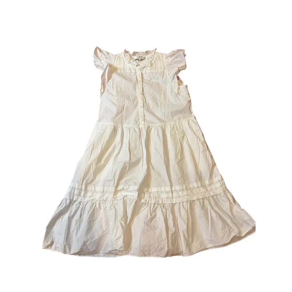 SEA New York Women's Multi Tier Dress SMALL White Flutter Sleeve Button Front